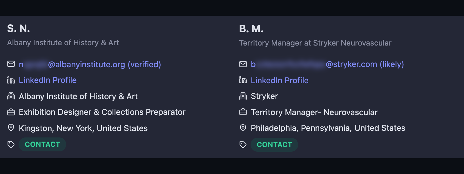 Two CareerFlip contact emails, one labelled verified and one labelled likely.