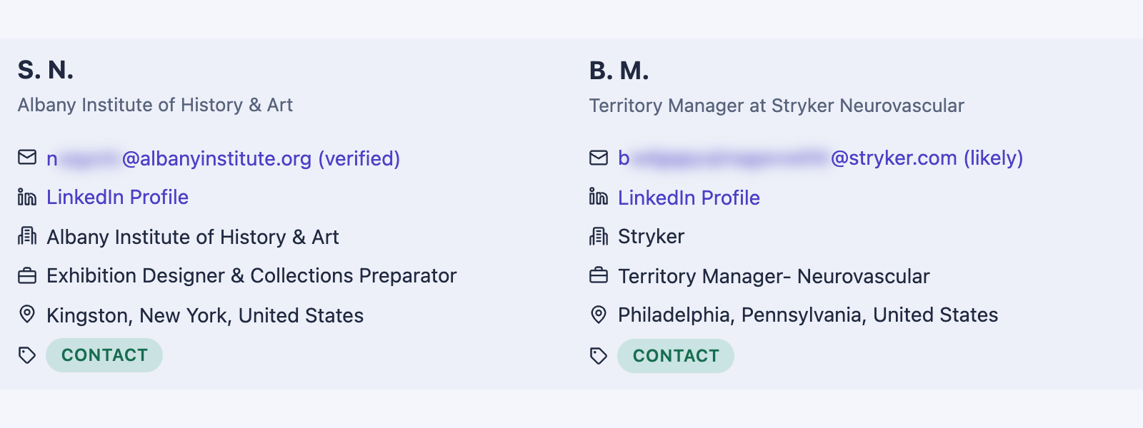 Two CareerFlip contact emails, one labelled verified and one labelled likely.
