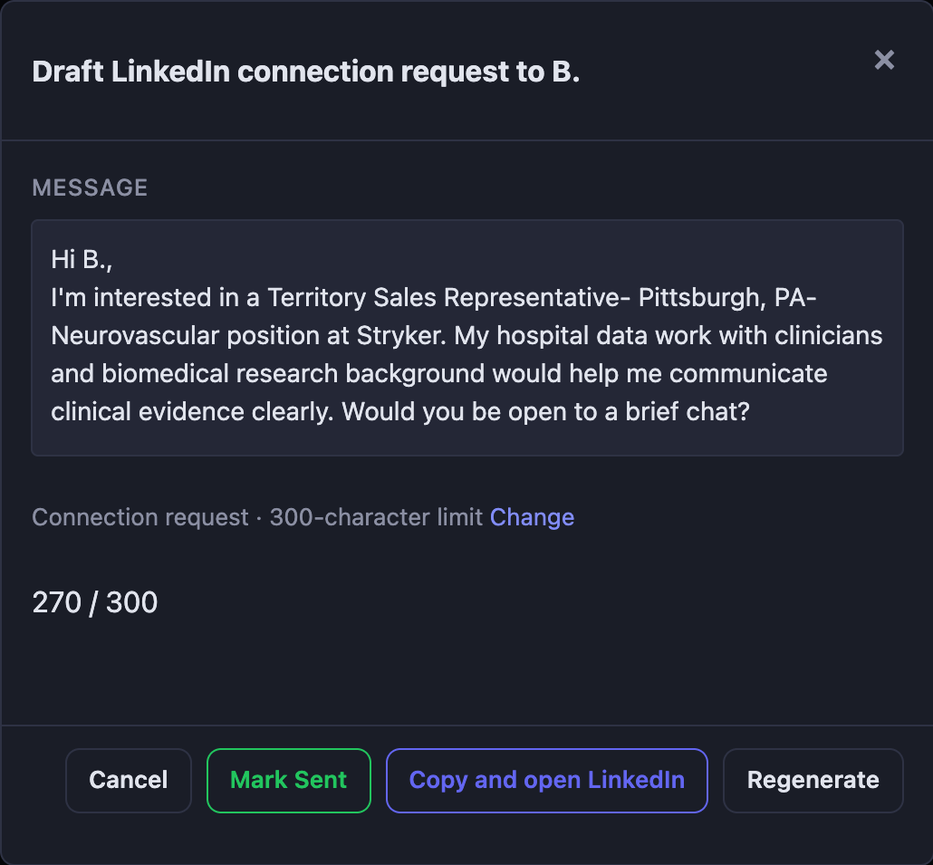A CareerFlip draft LinkedIn connection note for the Stryker job, within the 300-character Premium limit.