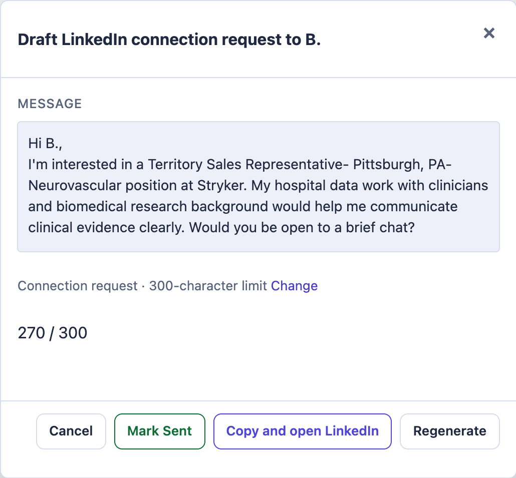 A CareerFlip draft LinkedIn connection note for the Stryker job, within the 300-character Premium limit.