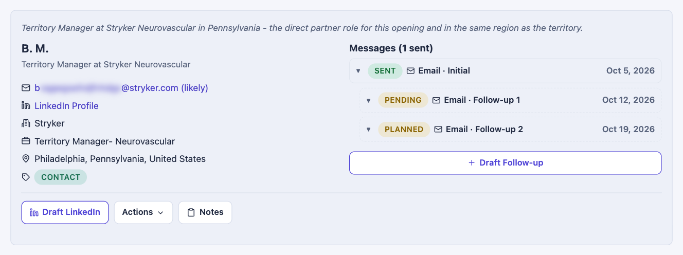 A sent email to a contact for the Stryker job in CareerFlip, with follow-ups scheduled 7 and 14 days later.